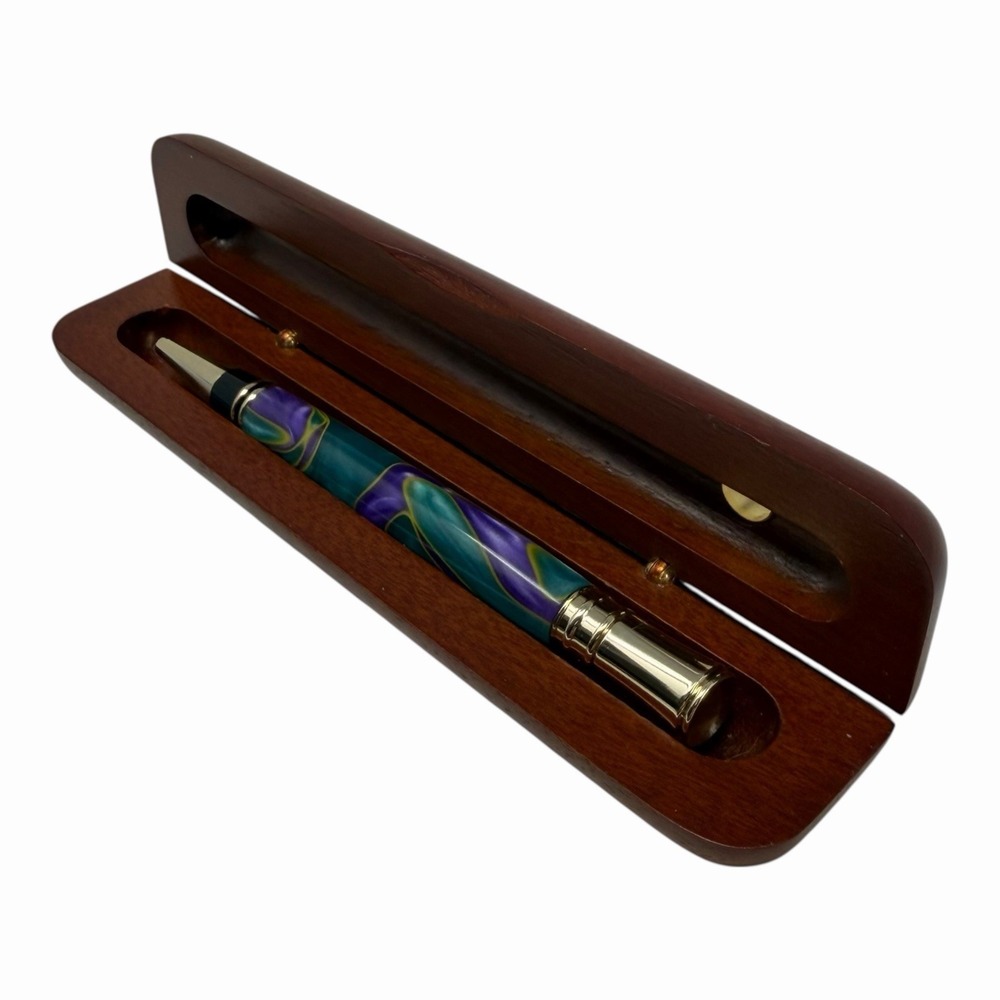 Handmade Resin Ballpoint Pen Purple Teal Swirl Gold Trim with Wood Gift Case